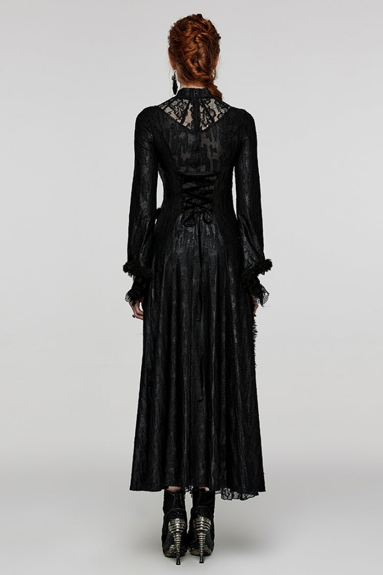 Black Long Trumpet Sleeves Hollow Stitching Lace Mesh Women's Gothic Dress