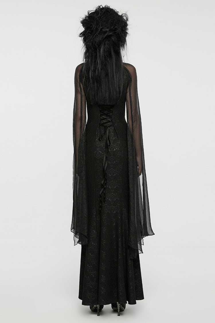 Black Cheongsam Collar Chiffon Stitching Ripped Women's Gothic Dress