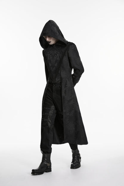 Black Long Sleeves Jacquard Embroidered Spliced Lace Hooded Color-Blocked Men's Punk Cool Coat