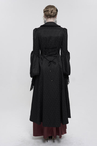Black Jacquard Short Front Long Back Lapel Bead And Chain Trim Large Cuffs With Lace Trim Back Strap Thin Long Women's Gothic Coat