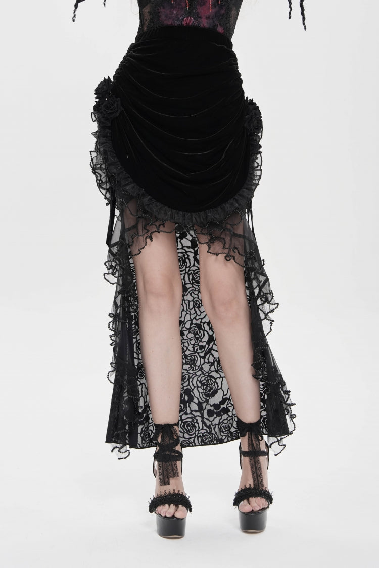 Black Embroidered Rose Lace-up Irregular Women's Gothic Hem Skirt