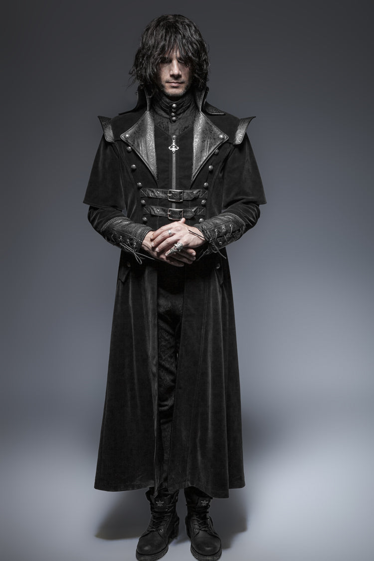 Black Leather Stand-Up Collar Metal Buckle Decoration Mens Steampunk Long Coat