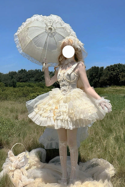 Apricot [Cream Cake] Sleeveless Multi-Layered Ruffle Bowknot Sweet Princess Lolita Jsk Dress Set