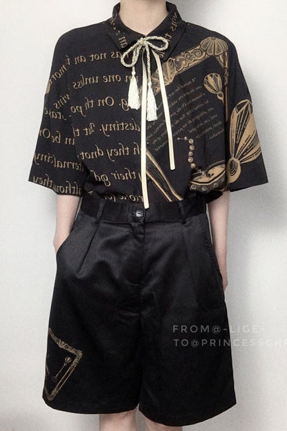 Black Handsome Little Prince Print Loose Short Sleeves Ouji Lolita Blouse