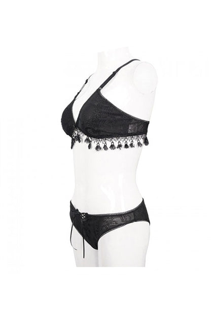 Black Dark Grain Jacquard Tassel Lace Up Gothic Swimsuit