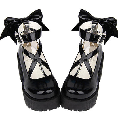 Black Patent Leather Cute Bowknot Lolita Round-toe High Heel Shoes