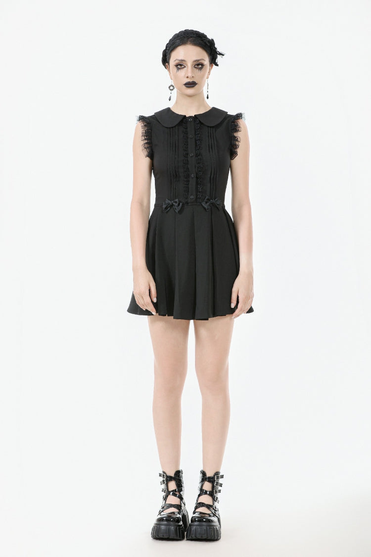 Black Peter Pan Collar Sleeveless Bowknot Pleated Women's Gothic Graduation Dress