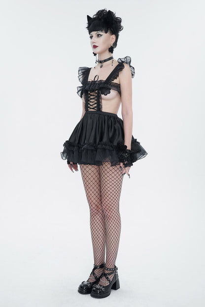 Black Glossy Sheer Ruffled Stretch Sexy Women's Gothic Maid Dress