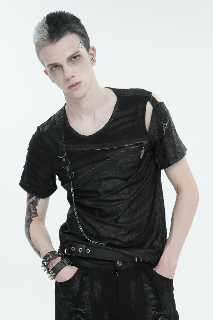 Black Left Off Shoulder Chest Zipper Embellished Men's Punk Short Sleeve