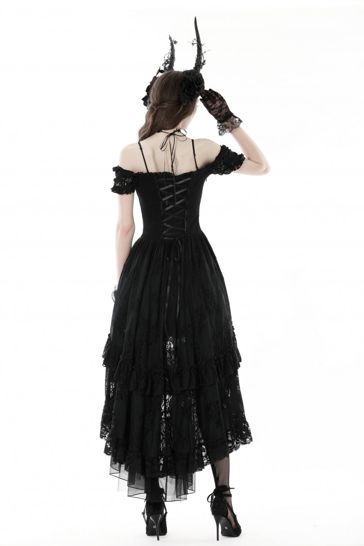Black Boat Neck Off Shoulder Short Puff Sleeves Ruffled Lace Lace-Up Irregular Women's Gothic Dovetail Dress