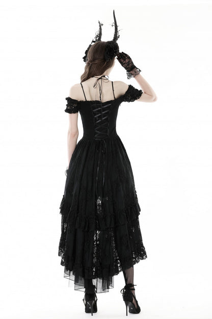 Black Boat Neck Off Shoulder Short Puff Sleeves Ruffled Lace Lace-Up Irregular Women's Gothic Dovetail Dress