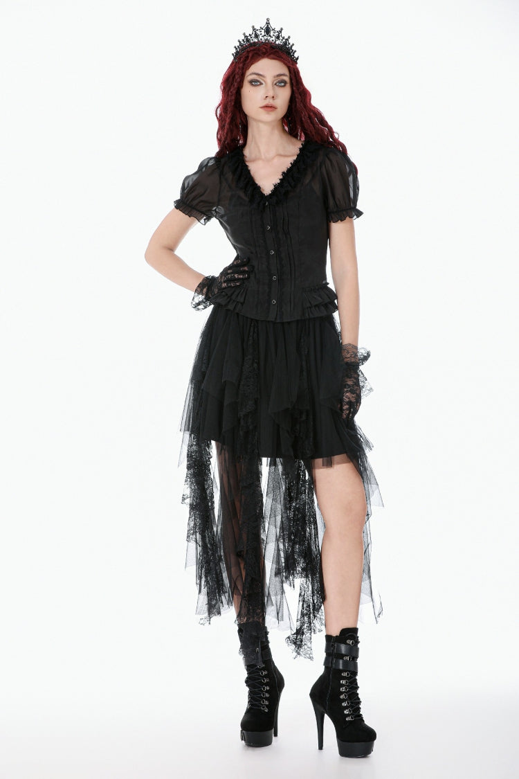 Black Deep V Collar Short Puff Sleeves Multi-Layered Ruffled Lace Sheer Women's Gothic Blouse