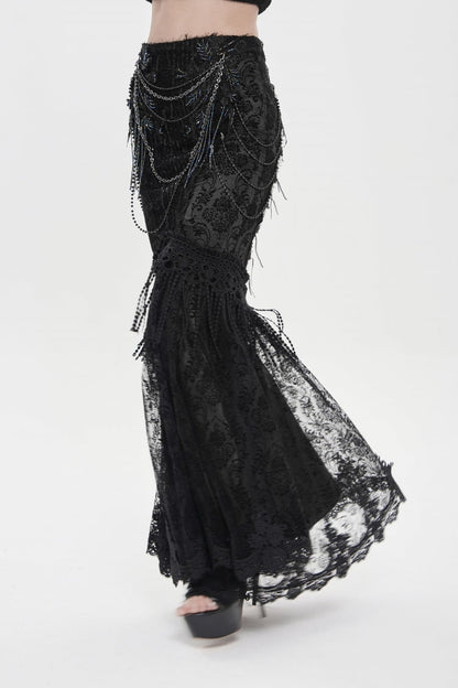 Black Double-Layered Embroidered Lace Slim Pearl-Decorated Women's Gothic Skirt