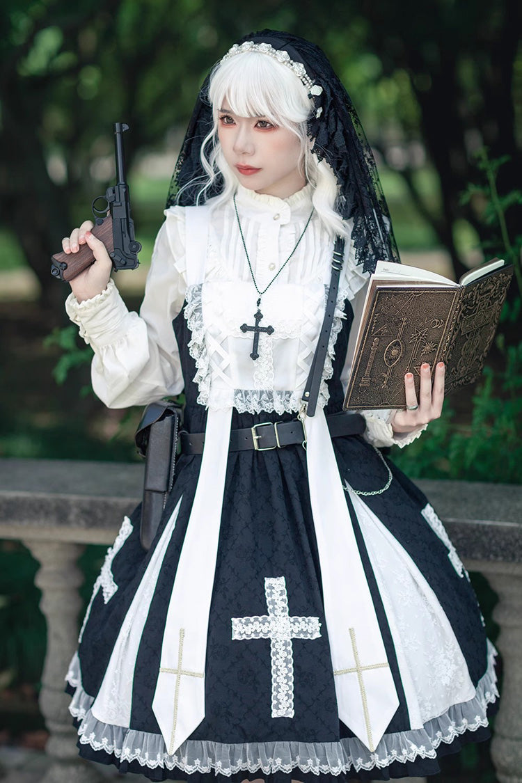 Black Paradise Cross Print Ruffle Sleeveless Gothic Lolita Dress