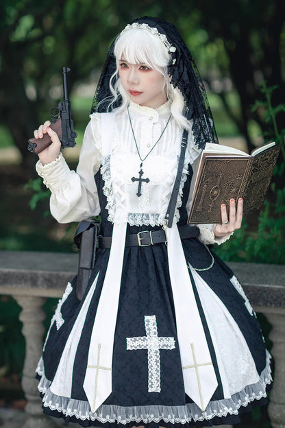 Black Paradise Cross Print Ruffle Sleeveless Gothic Lolita Dress