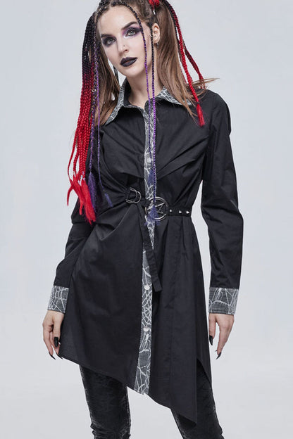 Black Gothic Patchwork Lace Spider Web Design Asymmetric Pleats Metal D-Shaped Buckle Decoration Long Women's Shirt