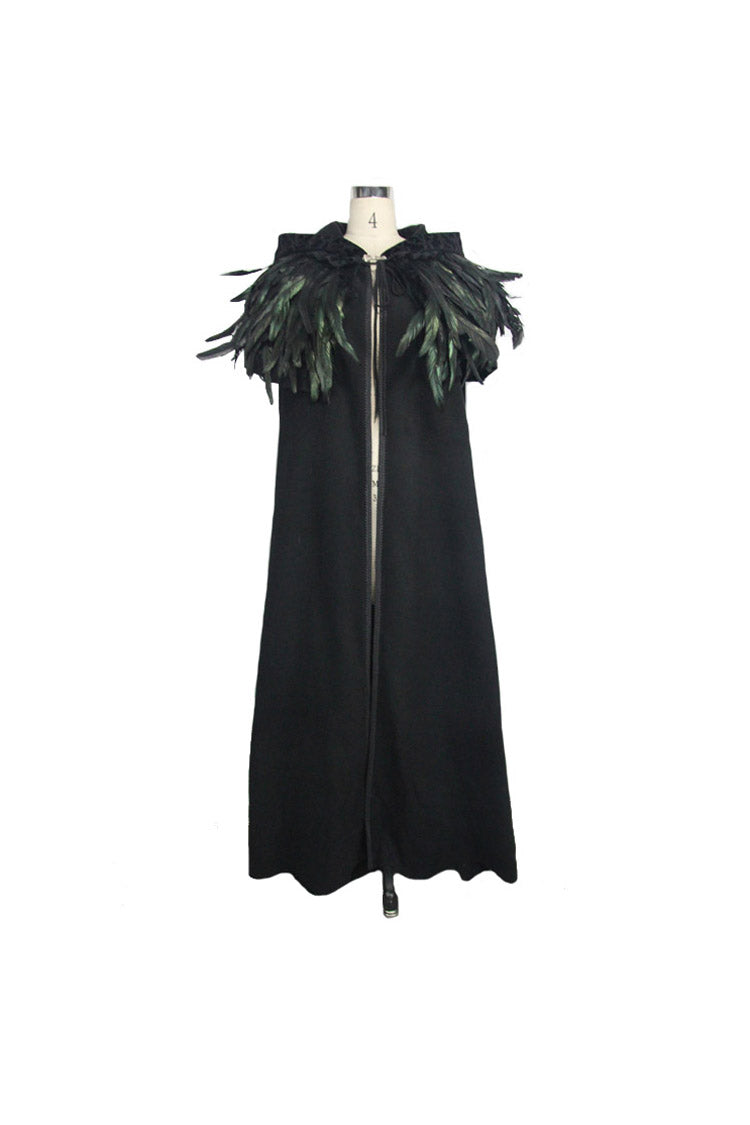 Black Detachable Feather 3D Ribbons Decorated Woollen Hooded Women's Gothic Cape