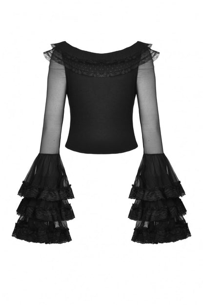 Black Multi-Layered Ruffled Lace Long Trumpet Sleeves Women's Gothic Princess Sexy Top