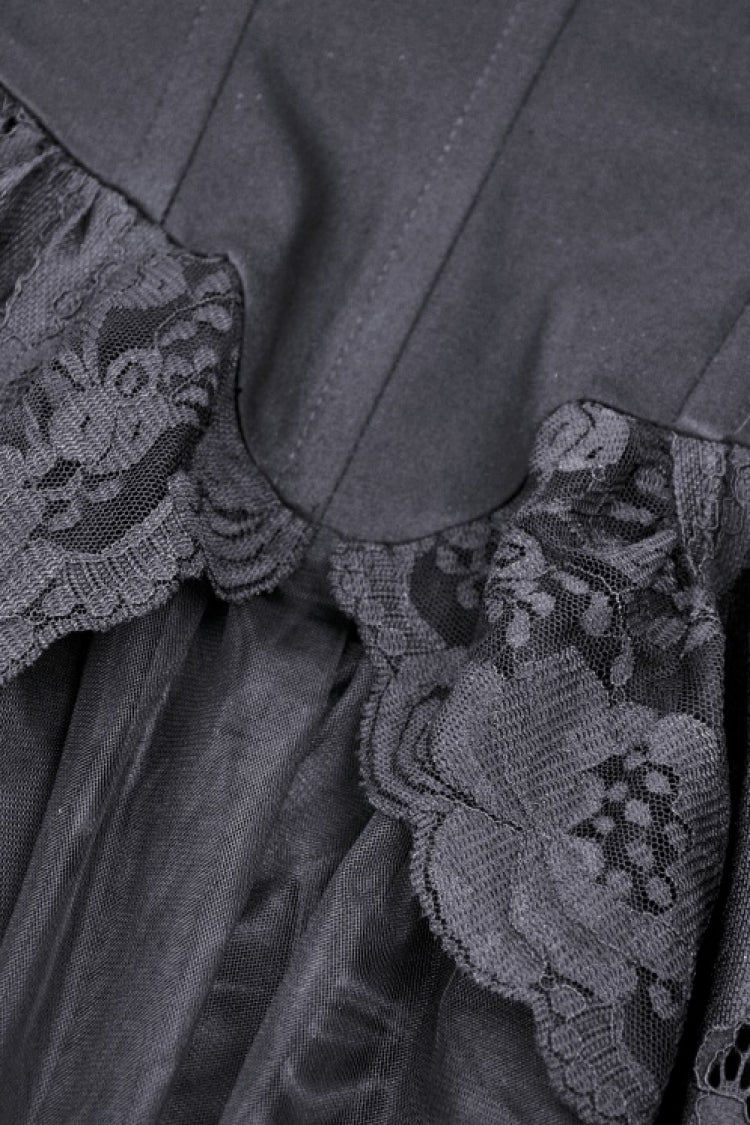 Black Boat Neck Off Shoulder Short Puff Sleeves Ruffled Lace Lace-Up Irregular Women's Gothic Dovetail Dress