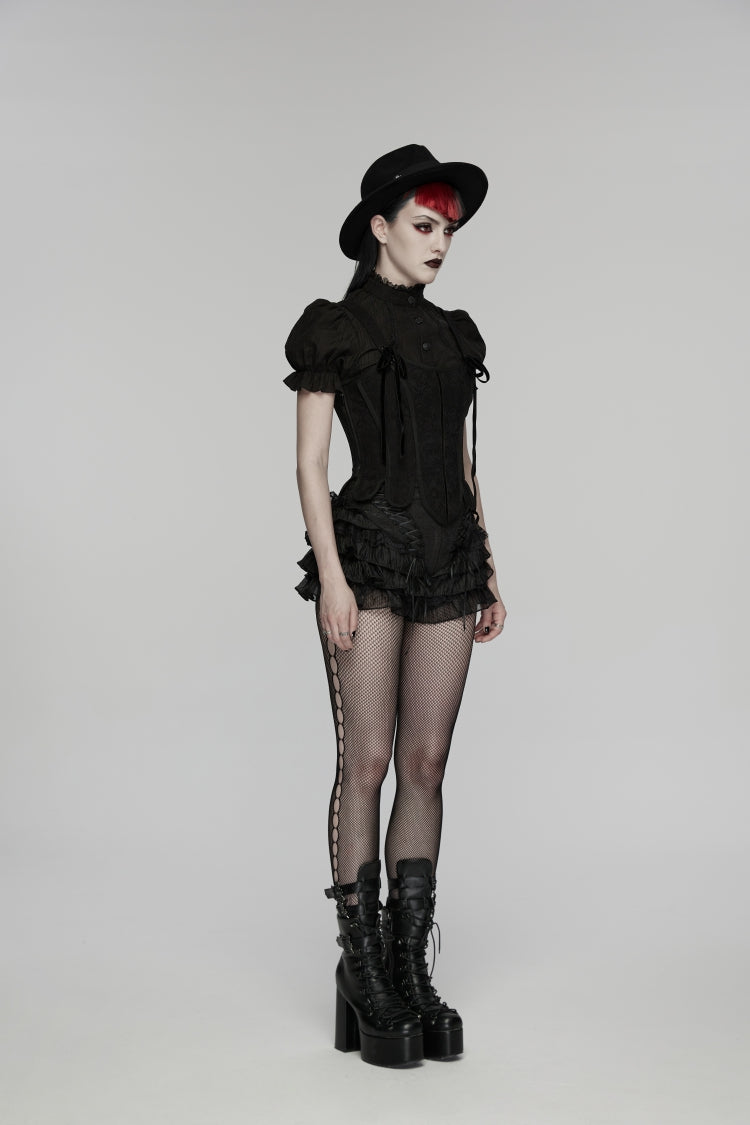 Black Multi-Layered Embroidered Lace Lace-Up Pleated Women's Gothic Shorts