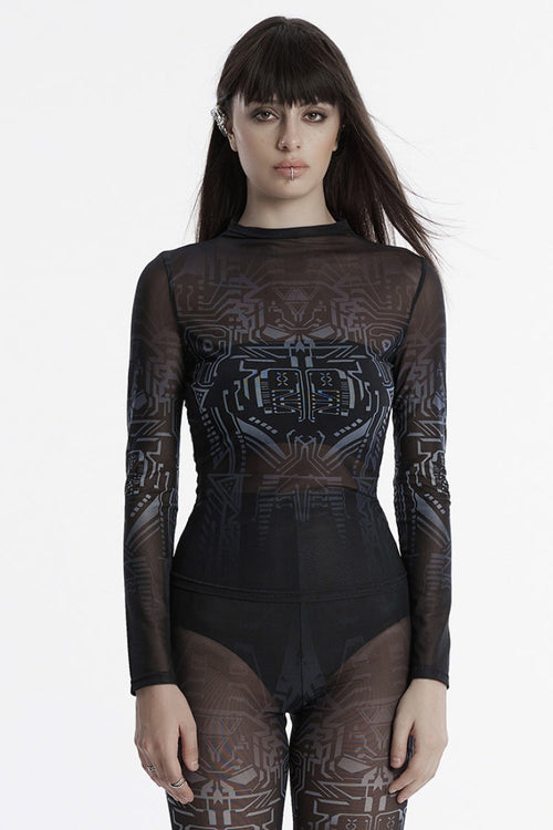Black Long Sleeves Gradient Print Sheer Mesh Punk Women's Blouse