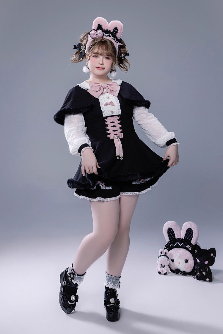 Black Long Sleeves Ruffle Bowknot Lace-Up Japanese Jirai Kei Dress Shorts Plush Set