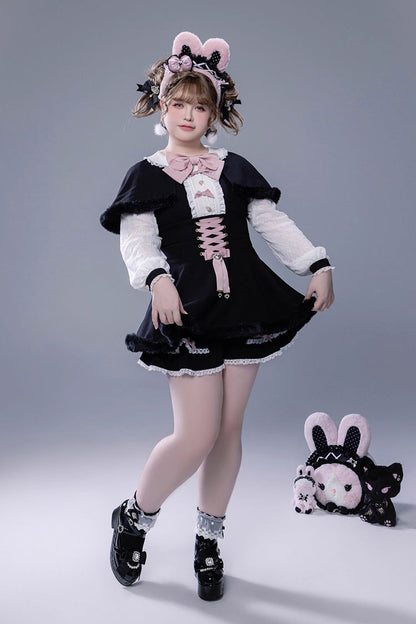 Black Long Sleeves Ruffle Bowknot Lace-Up Japanese Jirai Kei Dress Shorts Plush Set