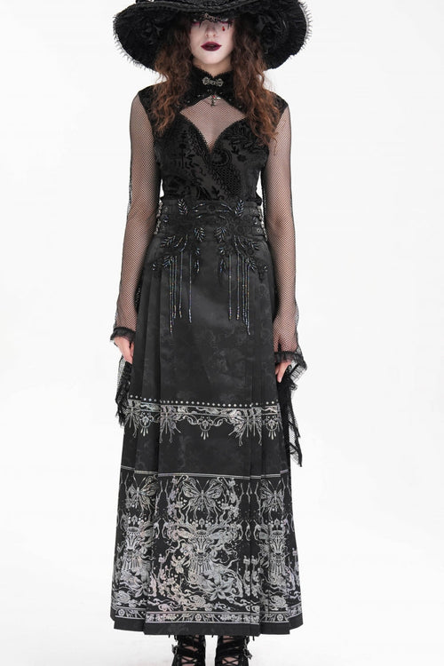 Black Print Embroidery Women's Gothic Crochet Tassels Bucket-up Long Skirt