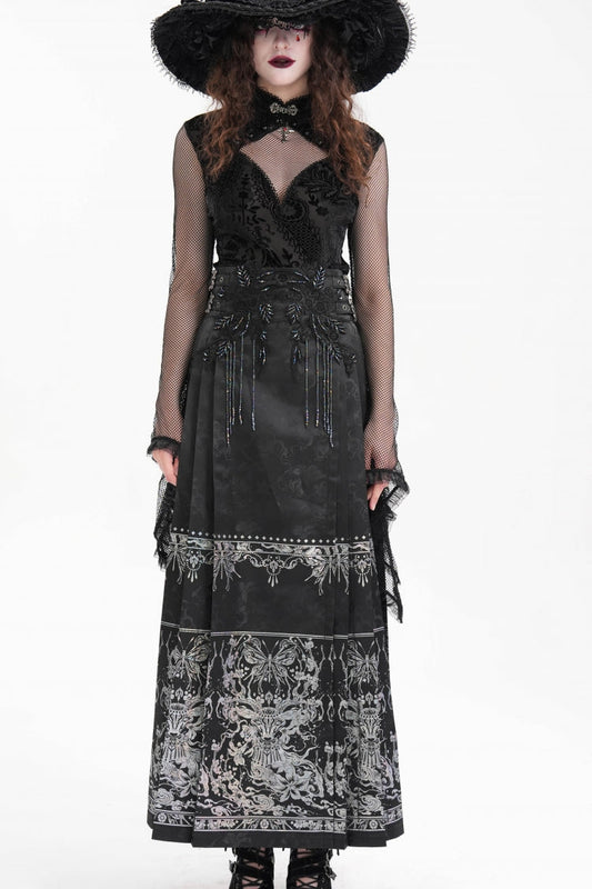 Black Print Embroidery Women's Gothic Crochet Tassels Bucket-up Long Skirt