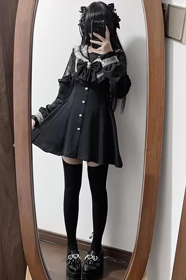 Black Long Sleeves Bowknot Stitching Lace Jirai Kei Japanese Dress Shorts Set