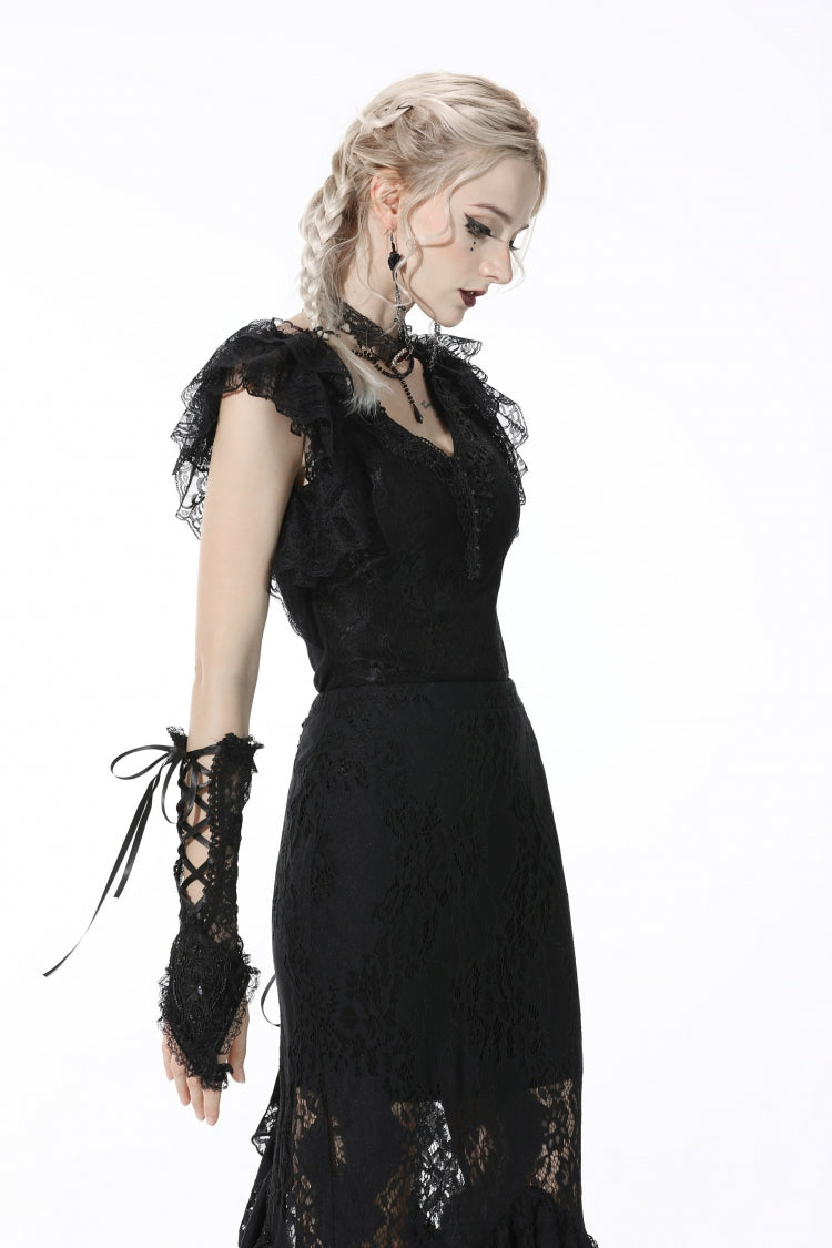 Black Plunging V Collar Short Sleeves Ruffled Lace Sexy Women's Gothic Crop Top