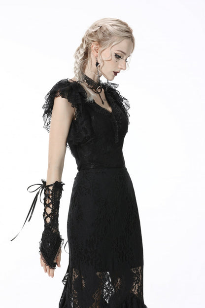 Black Plunging V Collar Short Sleeves Ruffled Lace Sexy Women's Gothic Crop Top
