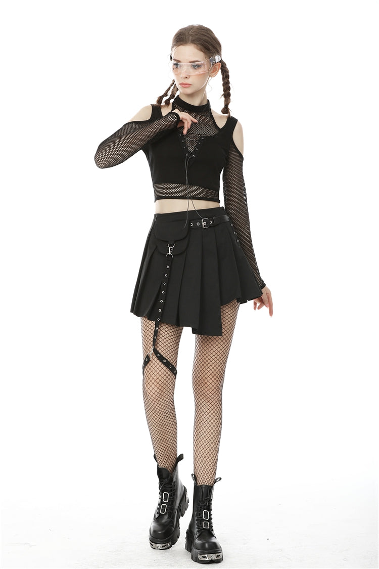 Black Off Shoulder Long Sleeves Lace-Up Chest Straps Sheer Mesh Women's Punk Top