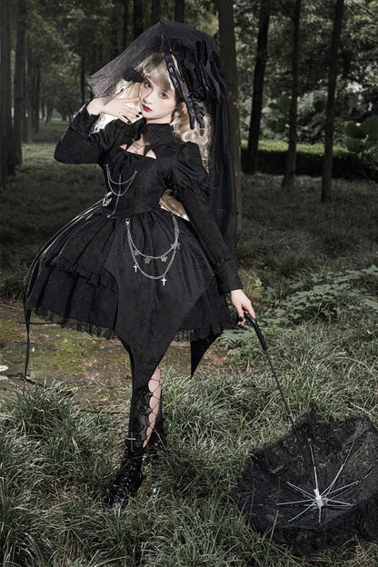 Black Dark Night Law Long Sleeves High Waisted Cardigan Bowknot Lace Gothic Lolita Dress