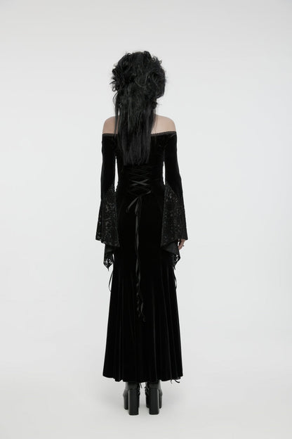 Black Off Shoulder Long Trumpet Sleeves Embroidered Spliced Lace Lace-Up Women's Gothic Gorgeous Palace Strapless Velvet Dress