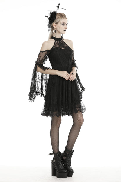 Black Off Shoulder Halterneck Long Sleeves Lace Women's Gothic Dress