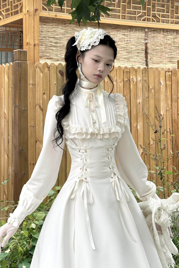 Apricot Stand Collar Long Sleeves Ruffled Lace-Up Gothic Lolita Dress