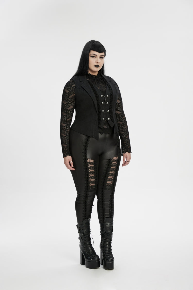 Black Lapel Collar Jacquard Spliced Lace Faux Two-Piece Pleated Women's Plus Size Gothic Vest
