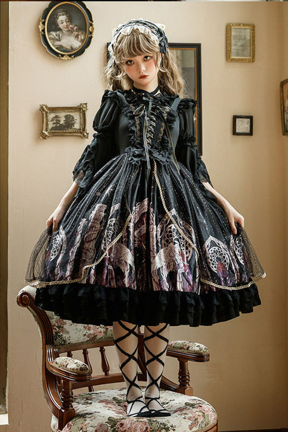 Black Ancient Mythology Angel Wings Print Mesh Stitching Bowknot Ruffled Gothic Lolita Jsk Dress