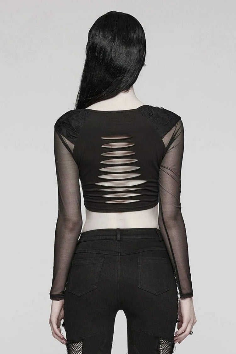 Black Long Sleeves Skull Buckle Decoration Hollow Sheer Womens Gothic Blouse