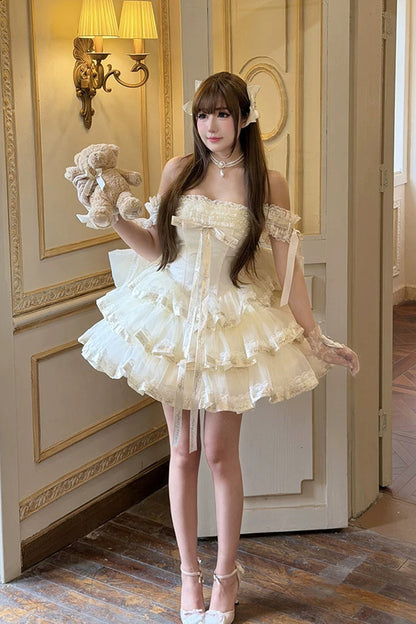 Apricot [Princess Ribbon] Off Shoulder Triple-Layered Ruffle Bowknot Sweet Lolita Dress