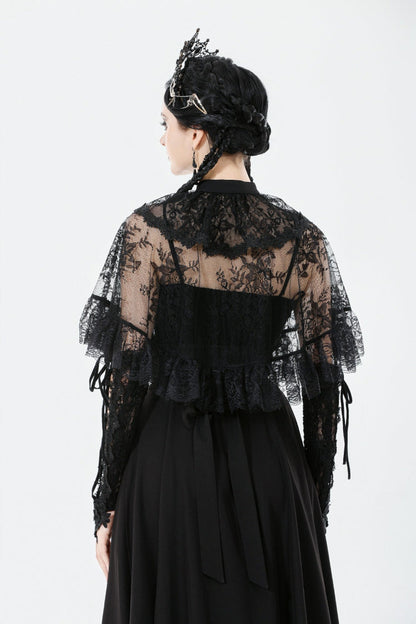 Black Bouble-Breasted Floral Lace Women's Gothic Cape