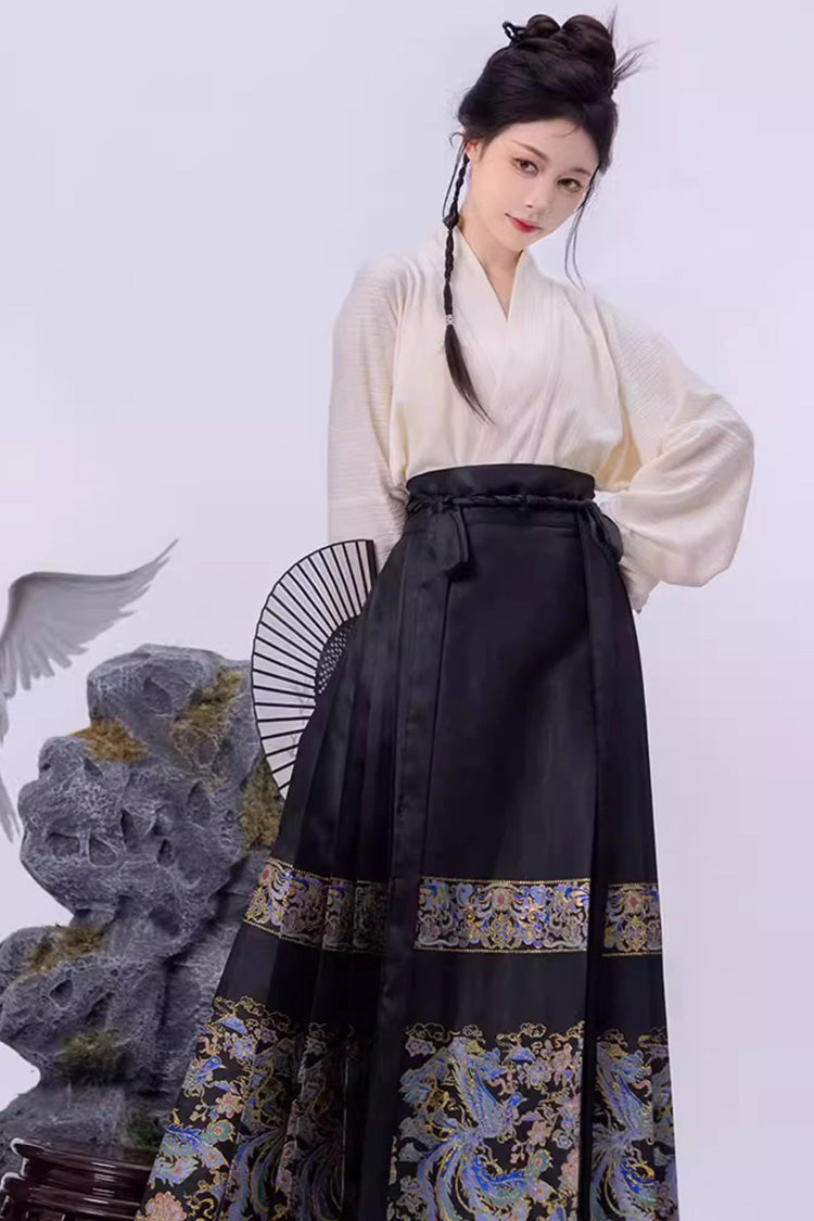 Black Chinese Style Print High Waisted Womens Hanfu Skirt