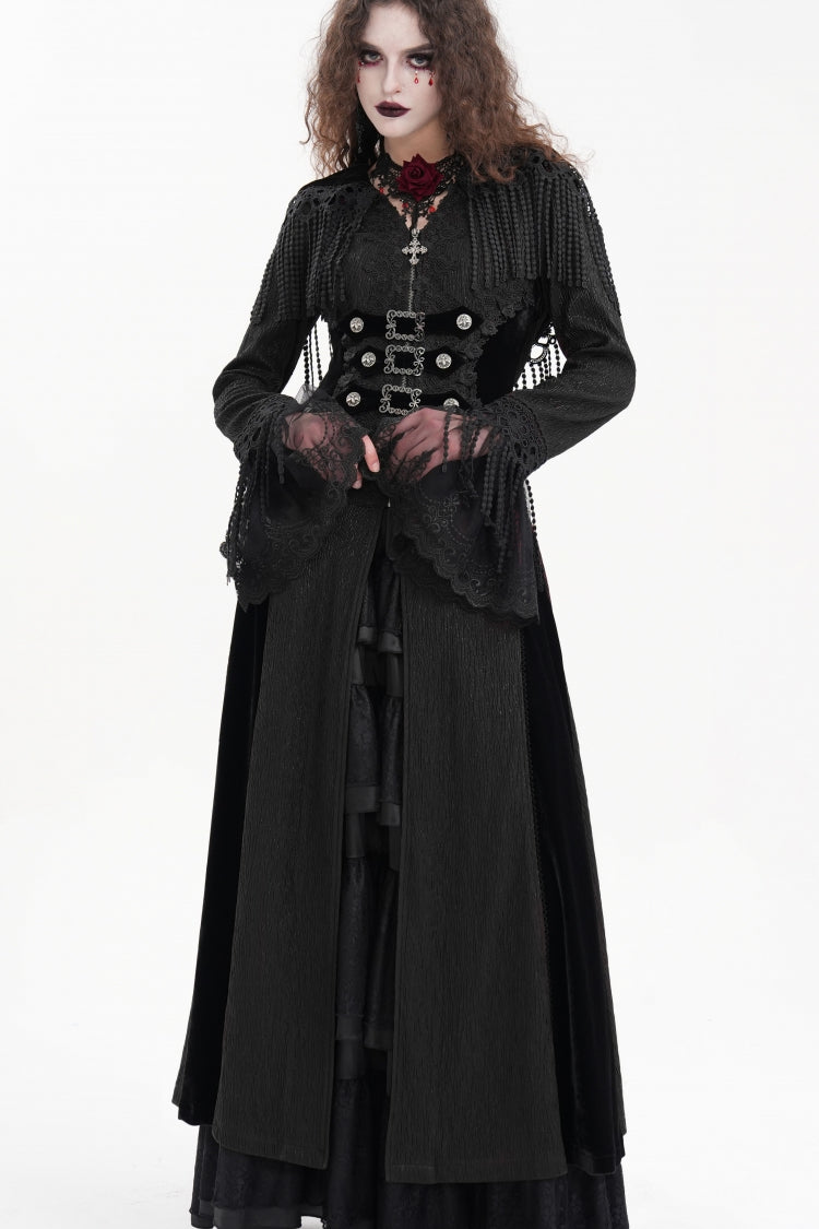 Black Buckle-up Tassels Hooded Women's Gothic Coat