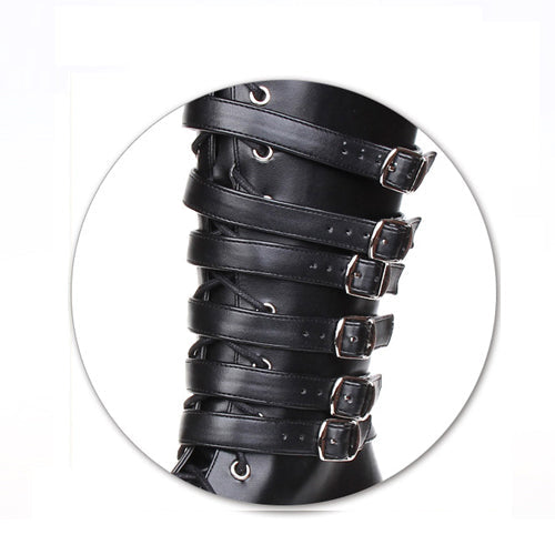 Black Leather Belt Buckle Lace Up High Lolita Boots