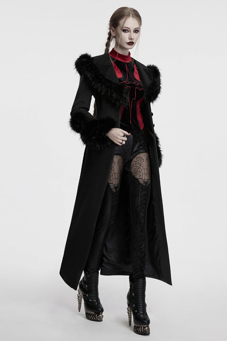 Black Long Sleeves Faux Fur Stitching Lace-Up Detachable Women's Gothic Coat