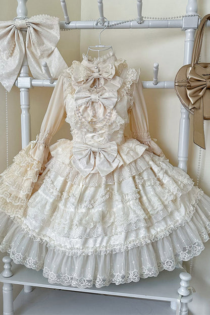 Apricot [Love and Heart Flutter] Sleeveless Multi-Layered Ruffle Bowknot Lace Pearl Sweet Lolita Jsk Dress