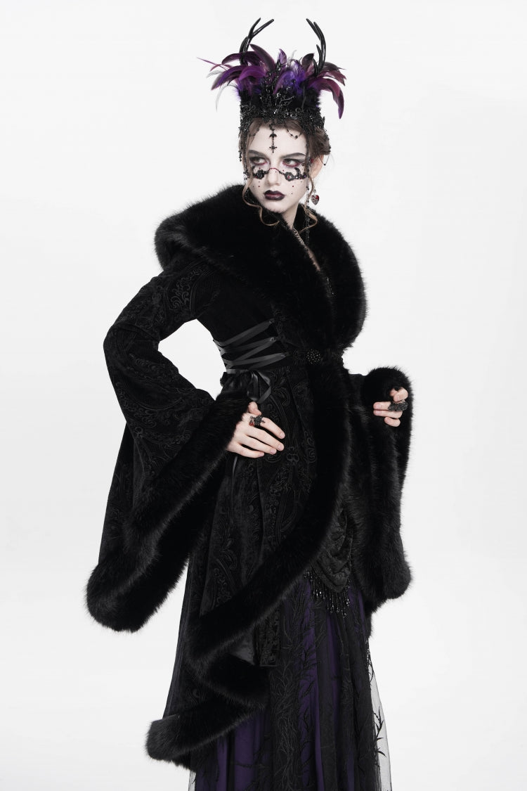 Black Long Sleeves Floral Embroidery Women's Gothic Fluffy Coat
