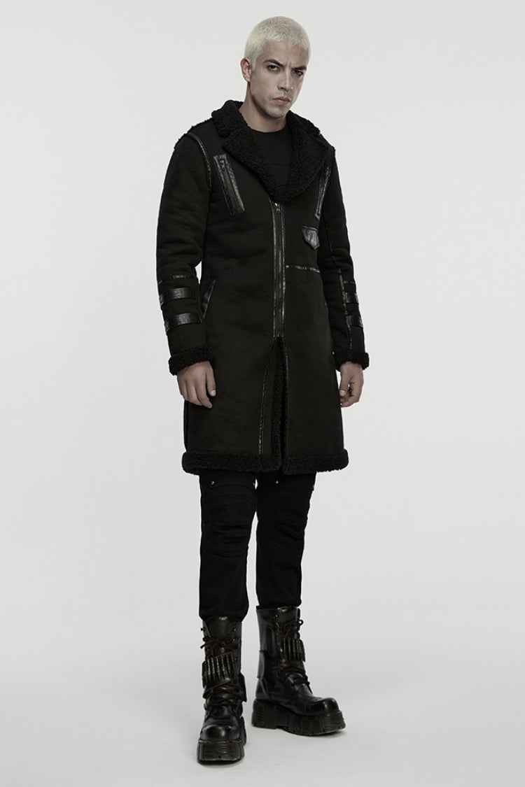 Black Plush Lapel Collar Sleeveless Asymmetric Zipper Men's Gothic Jacket