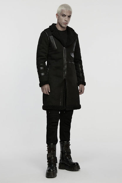 Black Plush Lapel Collar Sleeveless Asymmetric Zipper Men's Gothic Jacket
